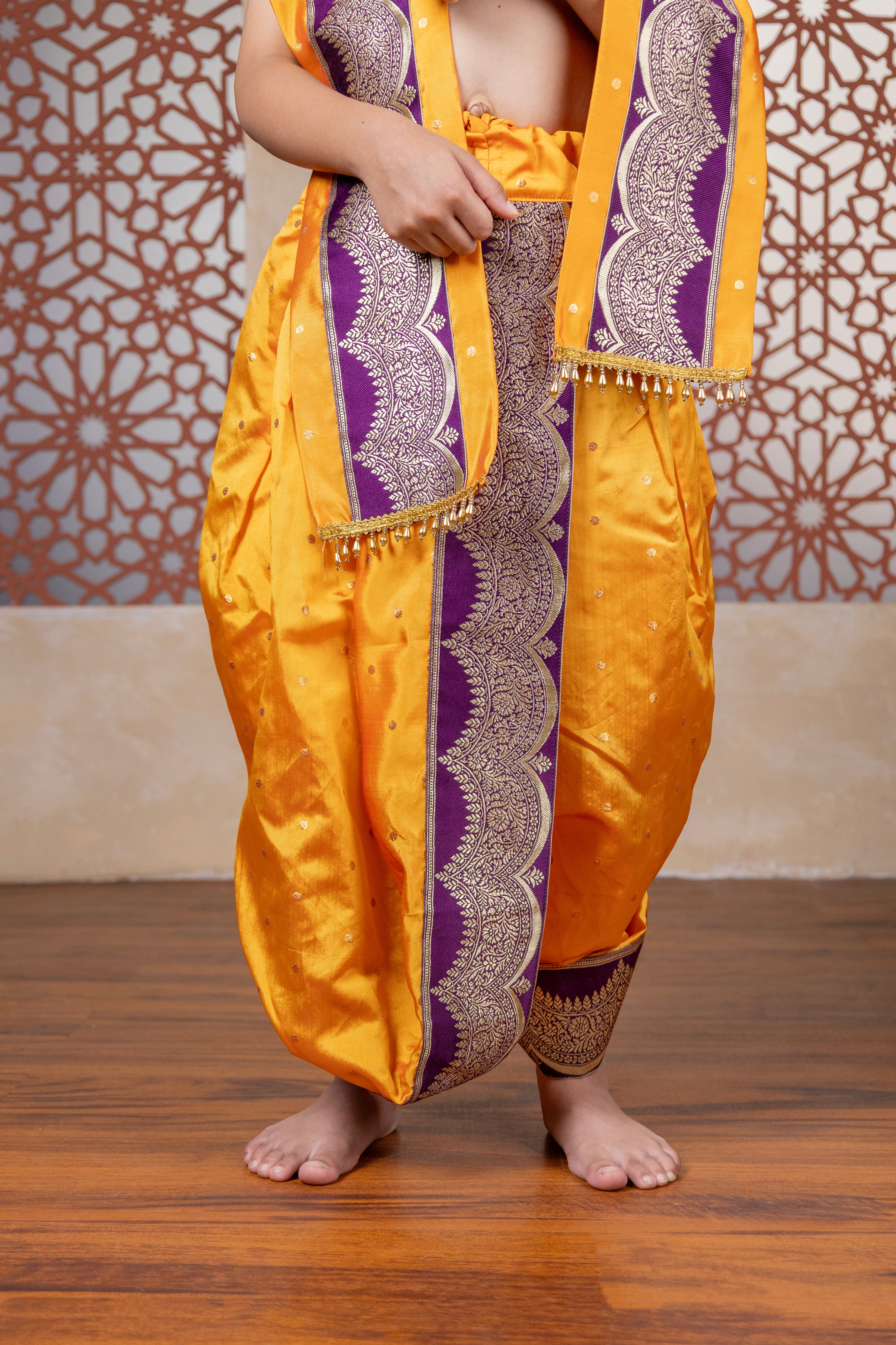 Mango Yellow soft taffeta silk with golden zari motifs sovale Uparane set with broad wine coloured banarasi  border for Batu