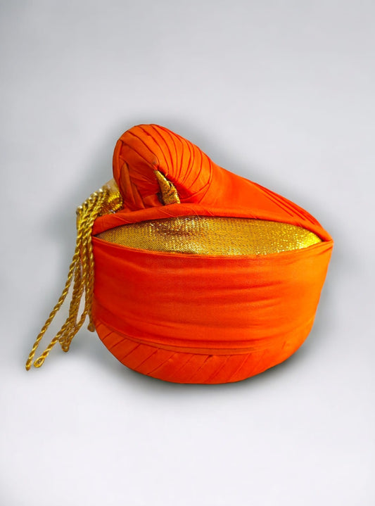 Plain Puneri Pagadi for Batu - Orange Mundavalya,kanthi,bhikbali,topi,pagdi are boys accessories exclusively designed using Pearls,glass beads,jadau & gold plated findings for Batu,for Upanayan/Vratabandha/munj /thread ceremony.