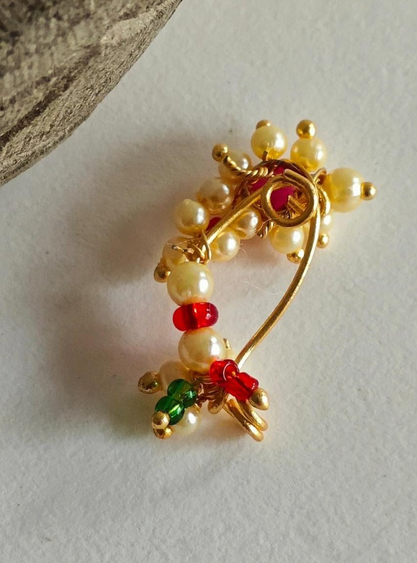 Gold Plated Marathi Mini Nath- Pink Accessories gifts fancy traditional ethnic trendy handmade accessories handcrafted matching assorted mix n match pearl multicolour metal golden nath nose pin nathani Marathi gold plated Maharashtrian accessory
