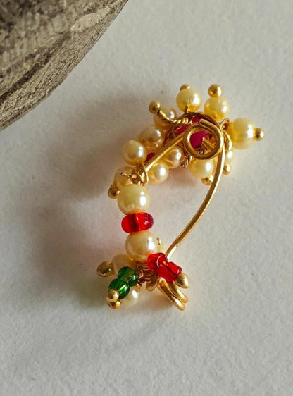 Gold Plated Marathi Mini Nath- Pink Accessories gifts fancy traditional ethnic trendy handmade accessories handcrafted matching assorted mix n match pearl multicolour metal golden nath nose pin nathani Marathi gold plated Maharashtrian accessory