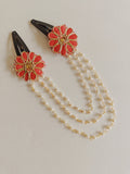Triveni - Red two flowers triple layer Pearl chain Hairclips for Girls