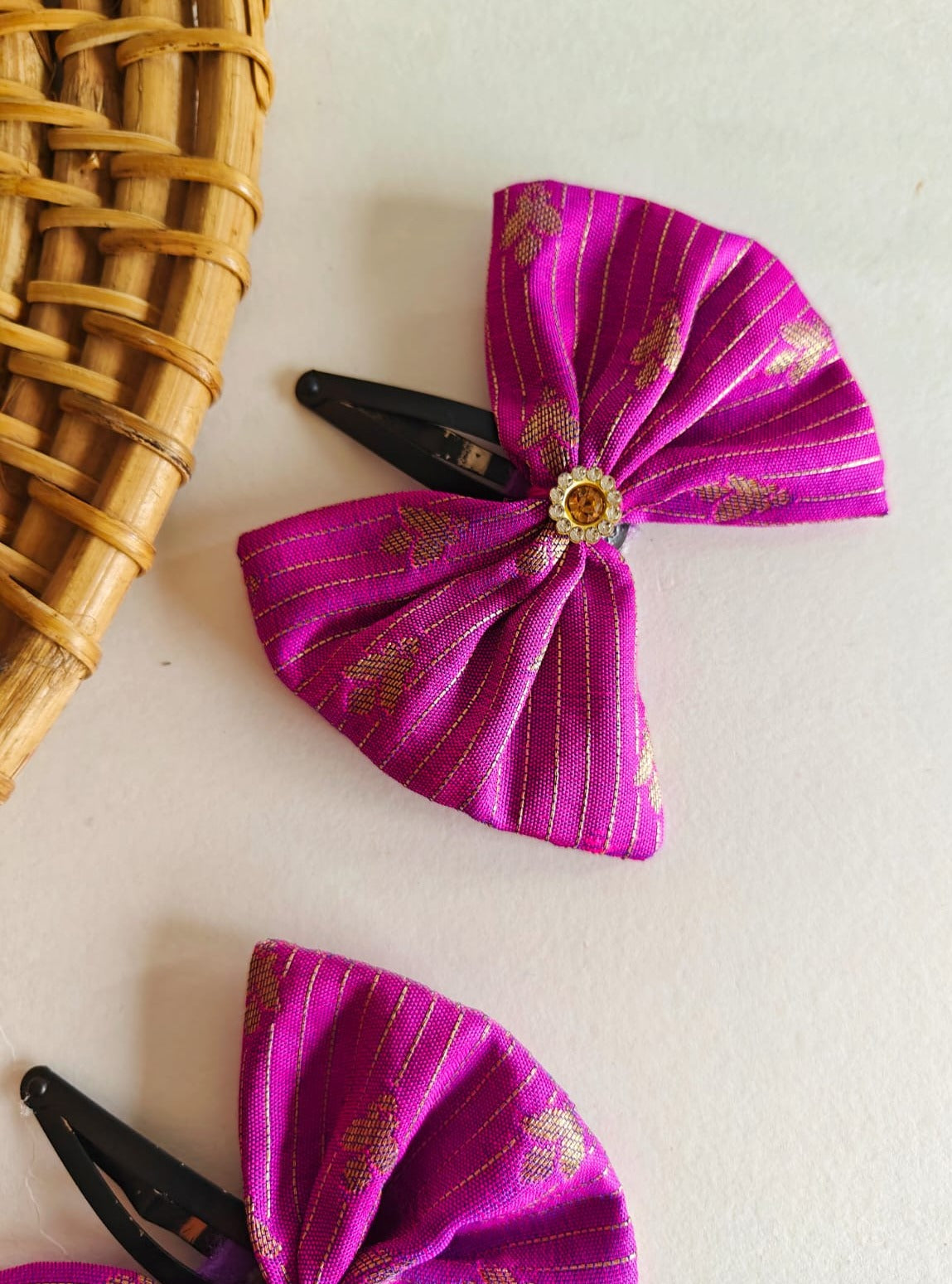 Magenta Set of two brocade fabric bow tic tac clips for Girls  Pair these clips with any partywear, Festive or even casual wear and get going.