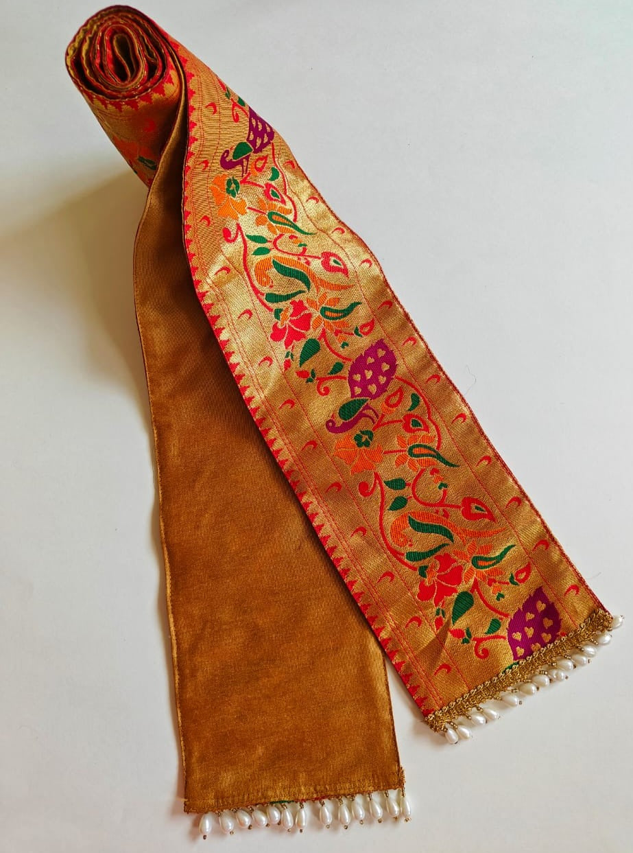 Peacock Paithani Shela for Sherwani with Pearl Danglers at both ends. 2 meters long and 5 inches wide shela can be teamed with any sherwani or kurta to add that Royal Charm to your Prince's attire.This Shela is ideal for rituals like Matrubhojan,Muhurt during Munj/Upanayan/Vratabandha/Thread Ceremony.