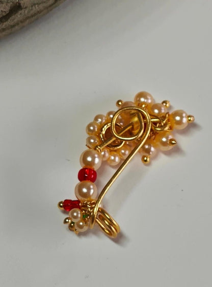 Gold Plated Marathi Mini Nath- Pink Accessories gifts fancy traditional ethnic trendy handmade accessories handcrafted matching assorted mix n match pearl multicolour metal golden nath nose pin nathani Marathi gold plated Maharashtrian accessory