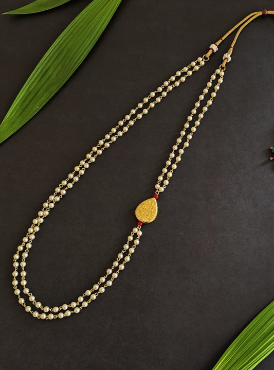 Pearl Double Layer Kanthi with Big Drop Shaped Geru bead for Batu. Mundavalya,kanthi,bhikbali,topi,pagdi are boys accessories exclusively designed using Pearls,glass beads,jadau & gold plated findings for Batu,for Upanayan/Vratabandha/munj /thread ceremony.