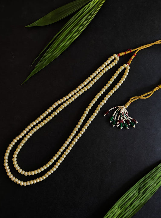 Pearl Double Layer Kanthi with Brushed finished beads for Batu.Mundavalya,kanthi,bhikbali,topi,pagdi are boys accessories exclusively designed using Pearls,glass beads,jadau & gold plated findings for Batu,for Upanayan/Vratabandha/munj /thread ceremony.