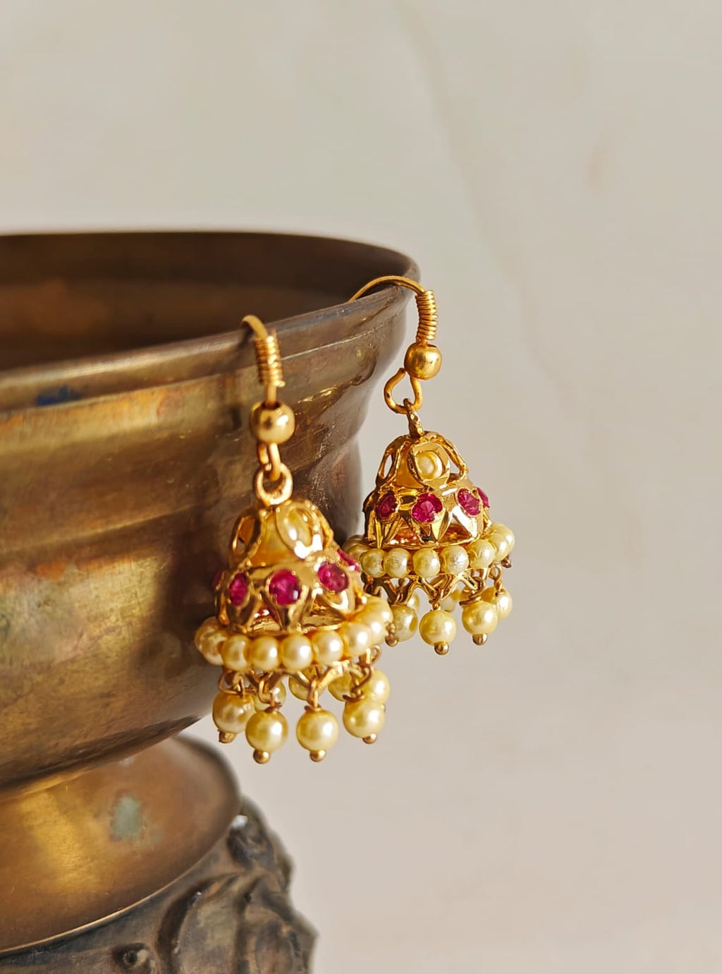 Pearls Jhumka - big size. Gold plated copper and silver alloy, make these jhumkas stay shiny as new for years. A must have piece of jewellery for a little girl. Adorn your princess with head to toe premium quality handcrafted accessories made from allergy free, best quality materials.