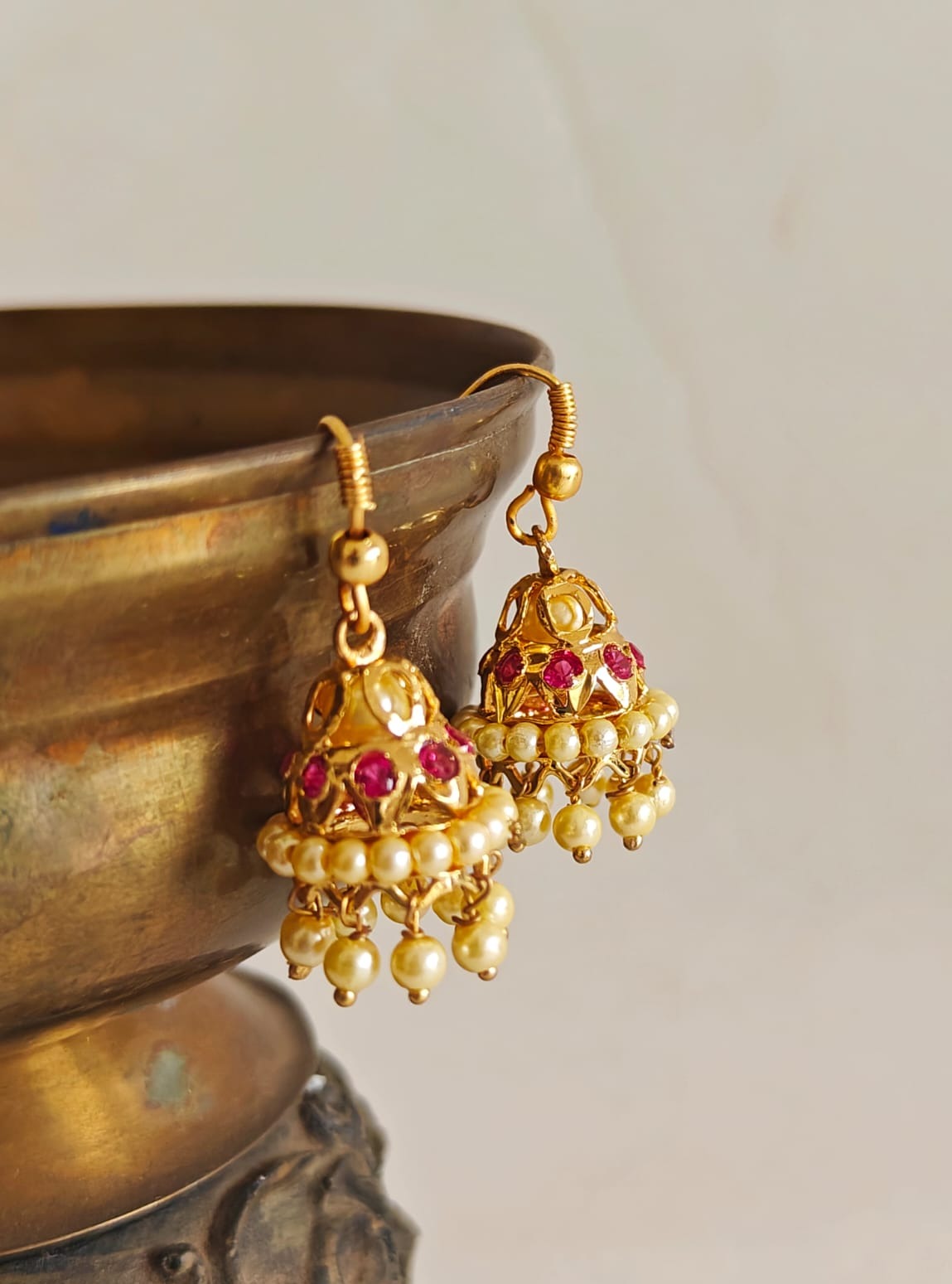 Pearls Jhumka - big size. Gold plated copper and silver alloy, make these jhumkas stay shiny as new for years. A must have piece of jewellery for a little girl. Adorn your princess with head to toe premium quality handcrafted accessories made from allergy free, best quality materials.