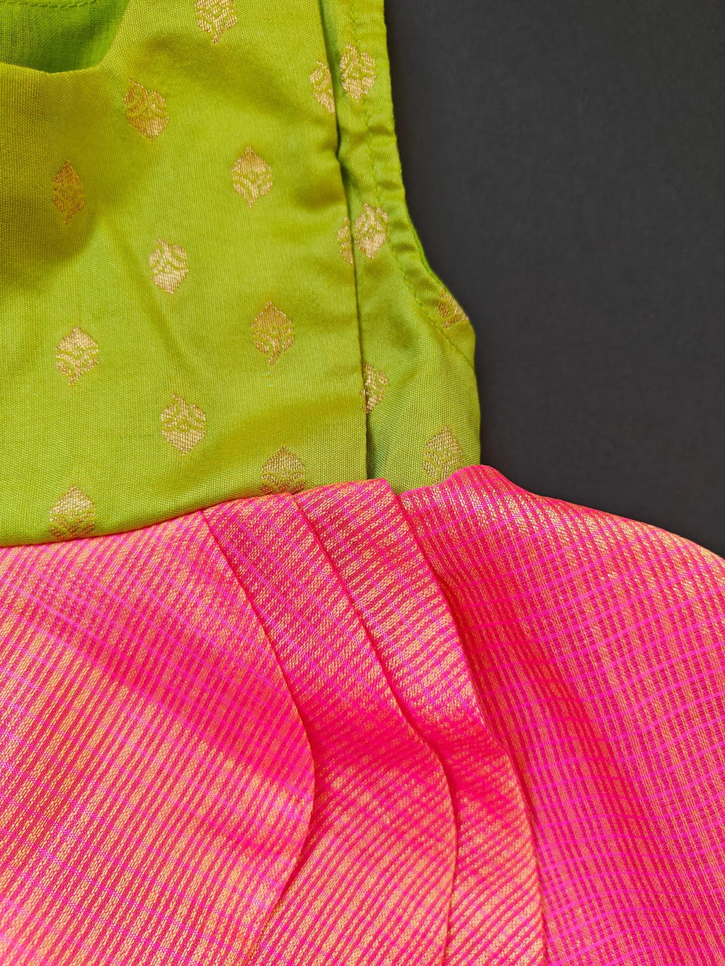 Lime Green soft brocade & pink front open layered dress with bloomer,headband,booties for a newborn baby girl.It's the perfect outfit for your baby's naming ceremony,naamkaran or annaprashan ceremony.Traditional dress for Noolukettu Ceremony,Pachavi Puja,cradle ceremony,Rice Ceremony,Chatti Puja etc. Apt gifting idea