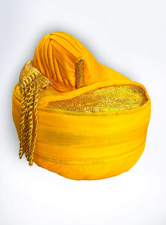 Plain Puneri Pagadi for Batu - Yellow Mundavalya,kanthi,bhikbali,topi,pagdi are boys accessories exclusively designed using Pearls,glass beads,jadau & gold plated findings for Batu,for Upanayan/Vratabandha/munj /thread ceremony.