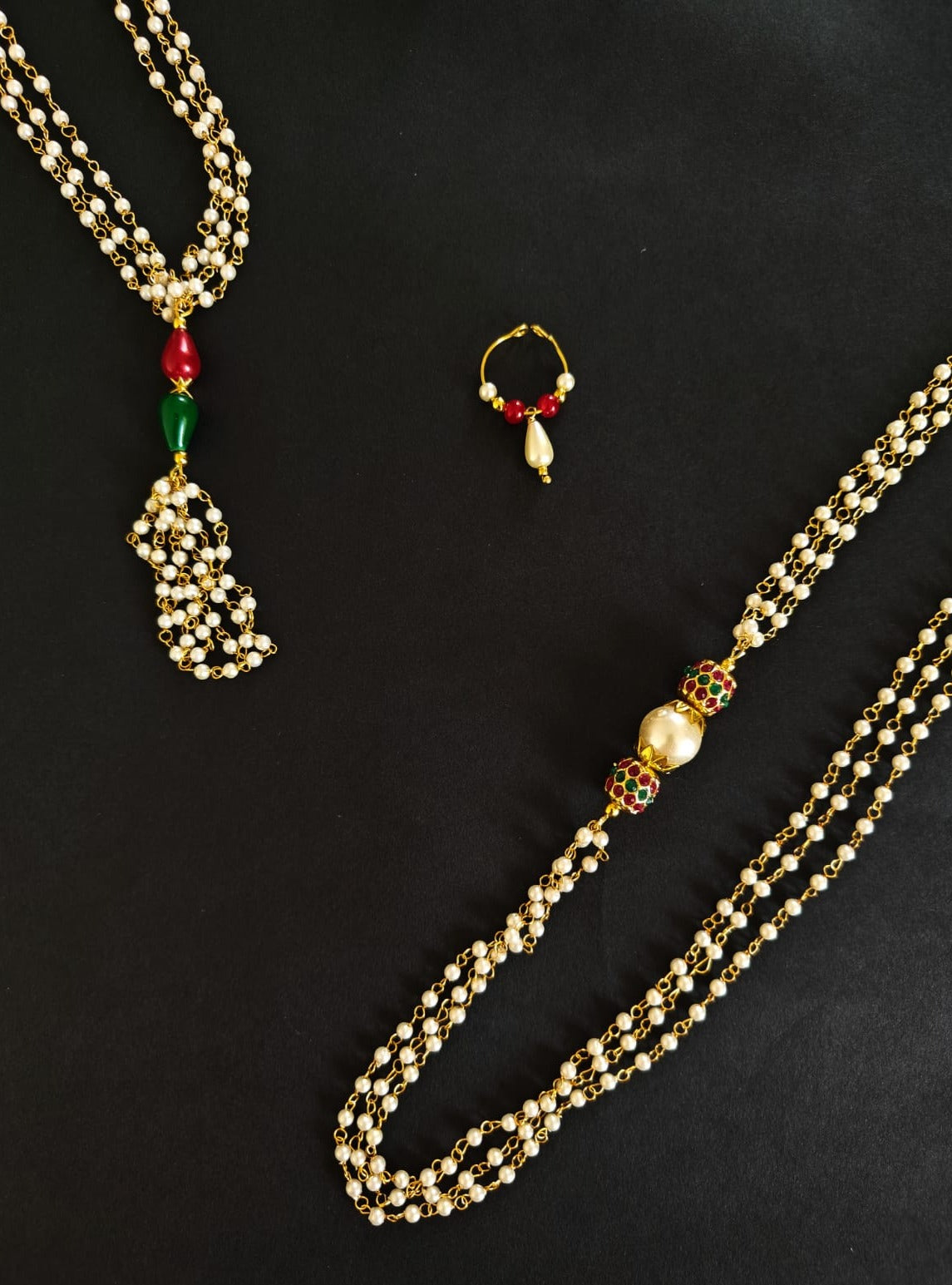 Vratabandha Pearls Accessories Combo with Red and Green colorful Findings for Batu includes Red Bhikbali, Red and Green Kanthi matching Mundavalya and Janav.Mundavalya,kanthi,bhikbali,topi,pagdi are boys accessories exclusively designed using Pearls,glass beads,jadau & gold plated findings for Batu,for Upanayan/Vratabandha/munj /thread ceremony.