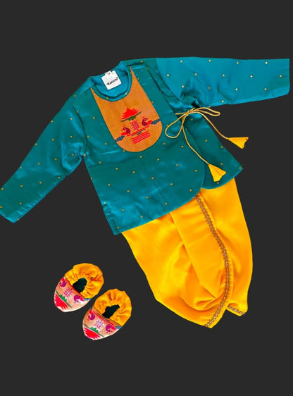 Peacock Green brocade Angrakha kurta with Paithani yoke teamed with contrast yellow dhoti for newborn baby boy.It's the perfect outfit for your baby's naming ceremony,naamkaran,annaprashan ceremony.Traditional dress for Noolukettu Ceremony,Pachavi Puja,cradle ceremony,Rice Ceremony,Chatti Puja etc. Apt gifting idea