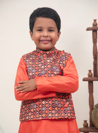 Orange cotton silk coordinated salwar kurta with digital printed  tussar silk jacket