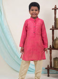 Pink Cotton silk striped regular stand collar kurta.Kurtas with collar or Angarakha pattern teamed with salwar are the best choice for any festive occasion for boys. They are Trendy, Easy to wear and comfortable to carry. 