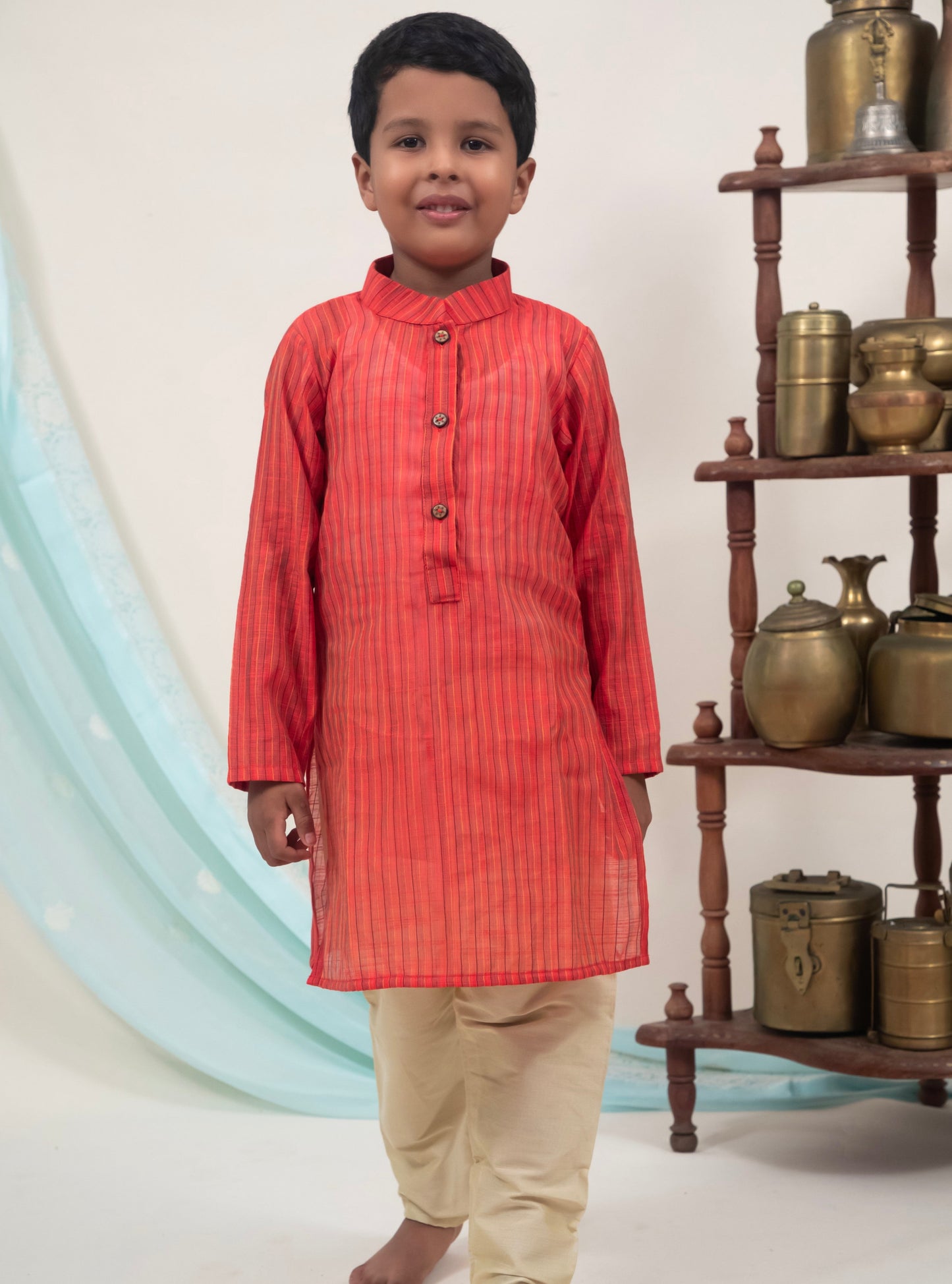 Rust Orange cotton silk traditional ethnic brocade printed silk cotton kurta pyjama salwar suit pajama churidar set sherwani jacket for baby boy kids 