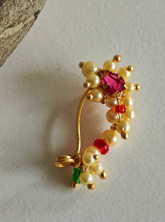 Gold Plated Marathi Mini Nath- Pink Accessories gifts fancy traditional ethnic trendy handmade accessories handcrafted matching assorted mix n match pearl multicolour metal golden nath nose pin nathani Marathi gold plated Maharashtrian accessory