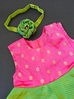 Pink soft brocade & green front open layered dress with bloomer,headband,booties for a newborn baby girl.It's the perfect outfit for your baby's naming ceremony,naamkaran or annaprashan ceremony.Traditional dress for Noolukettu Ceremony,Pachavi Puja,cradle ceremony,Rice Ceremony,Chatti Puja etc. Apt gifting idea