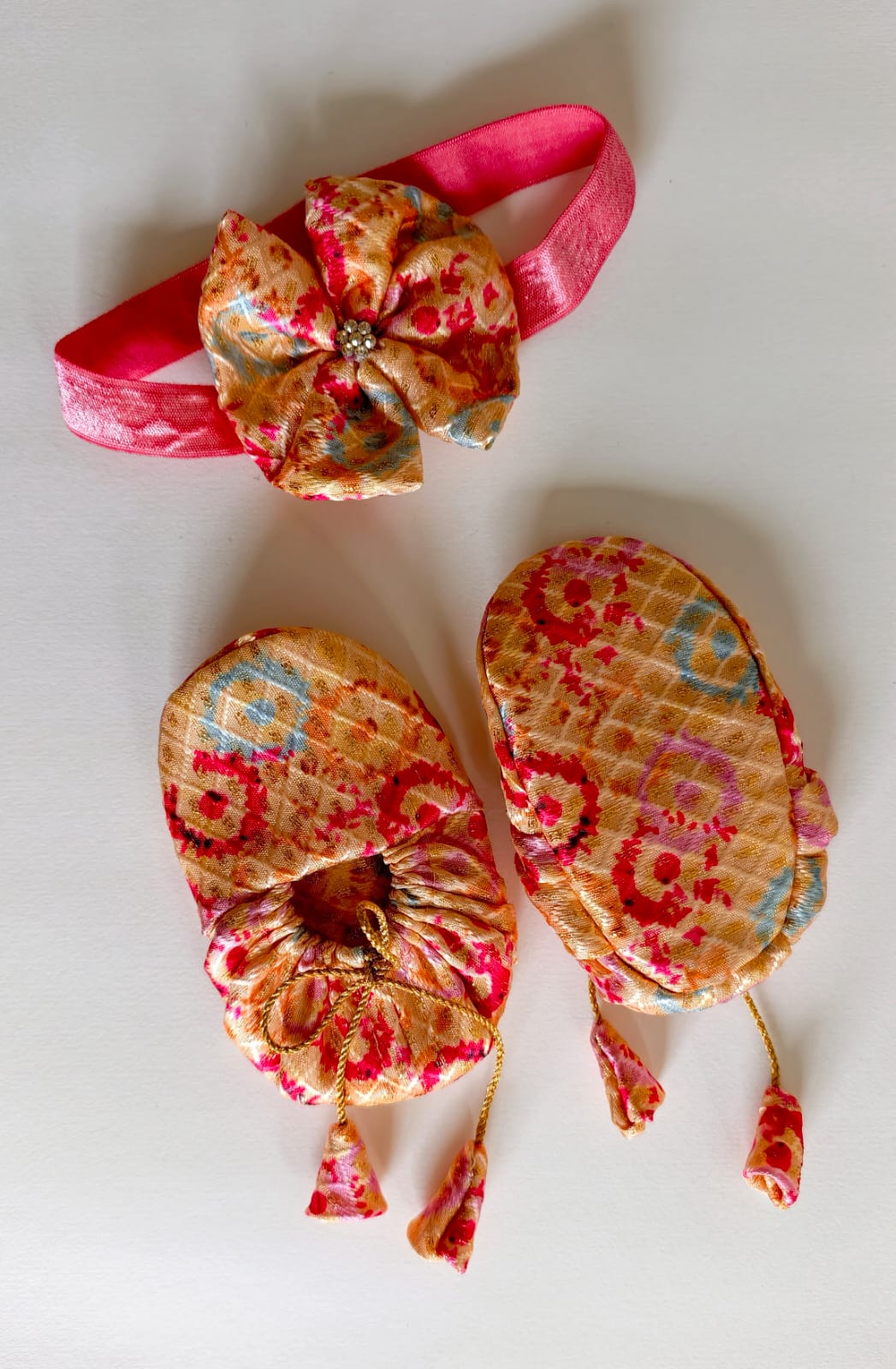 Handcrafted Yellow Printed Baby Booties & Matching Headband Set