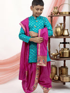 Magenta Mysore Silk Dhoti/Soval/Kad & Shawl/Upran/Shela with Paithani jari Border Set for Batu.Pre-stitched sovale uparane set includes Ready to wear Sovale & Uparane/Upavastra.Can be paired with a short kurta.This Set is ideal for rituals like Matrubhojan,Muhurt during Munj/Upanayan/Vratabandha/Thread Ceremony.