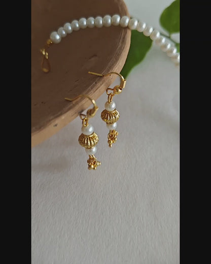 Glass Pearls Necklace with Gold Plated Round Bead and matching Earrings Set