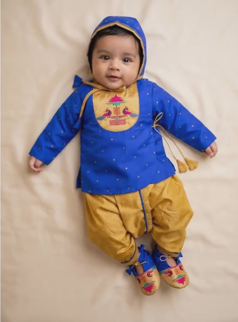 Rajas Baby Boy 4 Piece Royal Blue Paithani Set