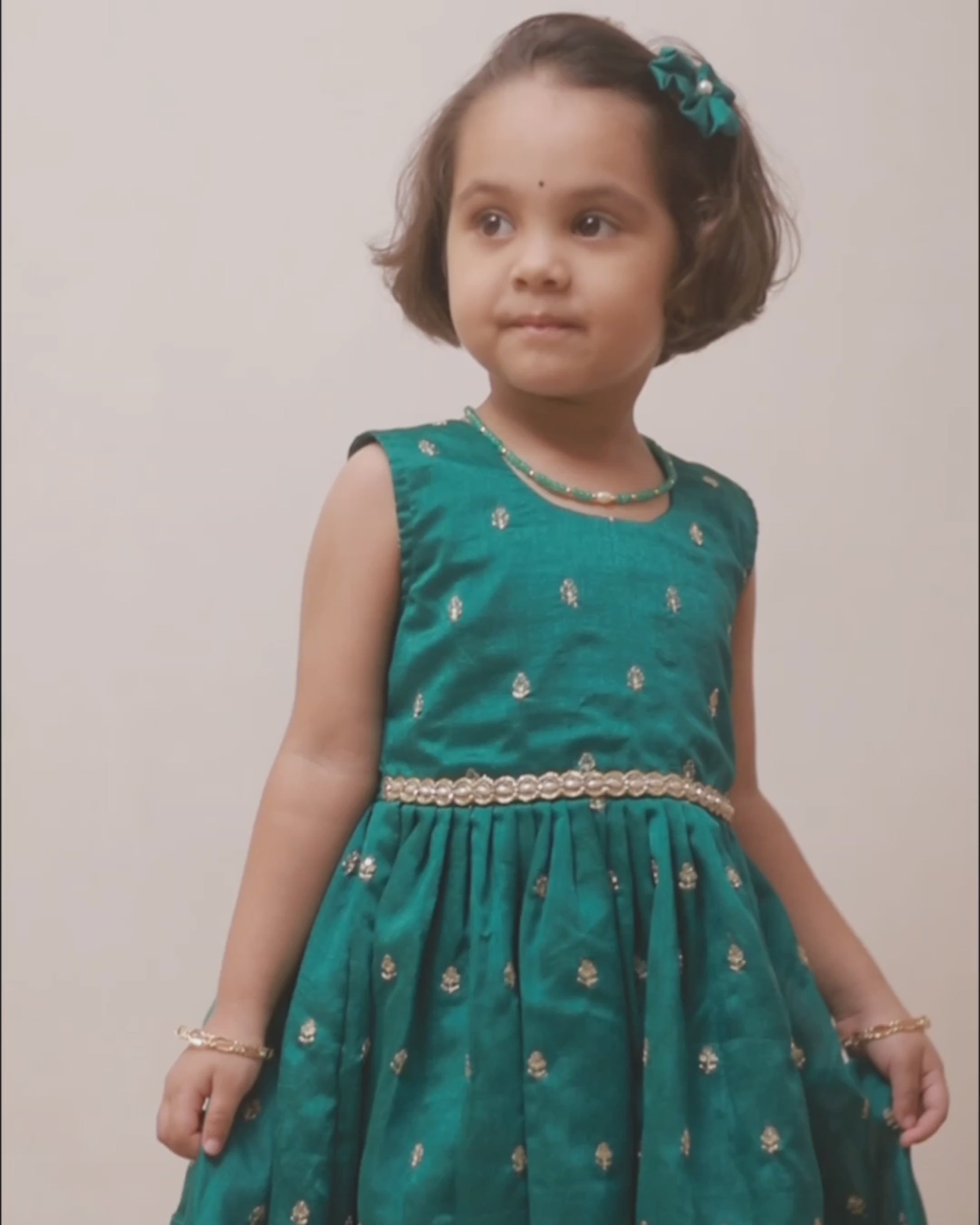 Aqua green Vichitra silk sleeveless dress for Girls