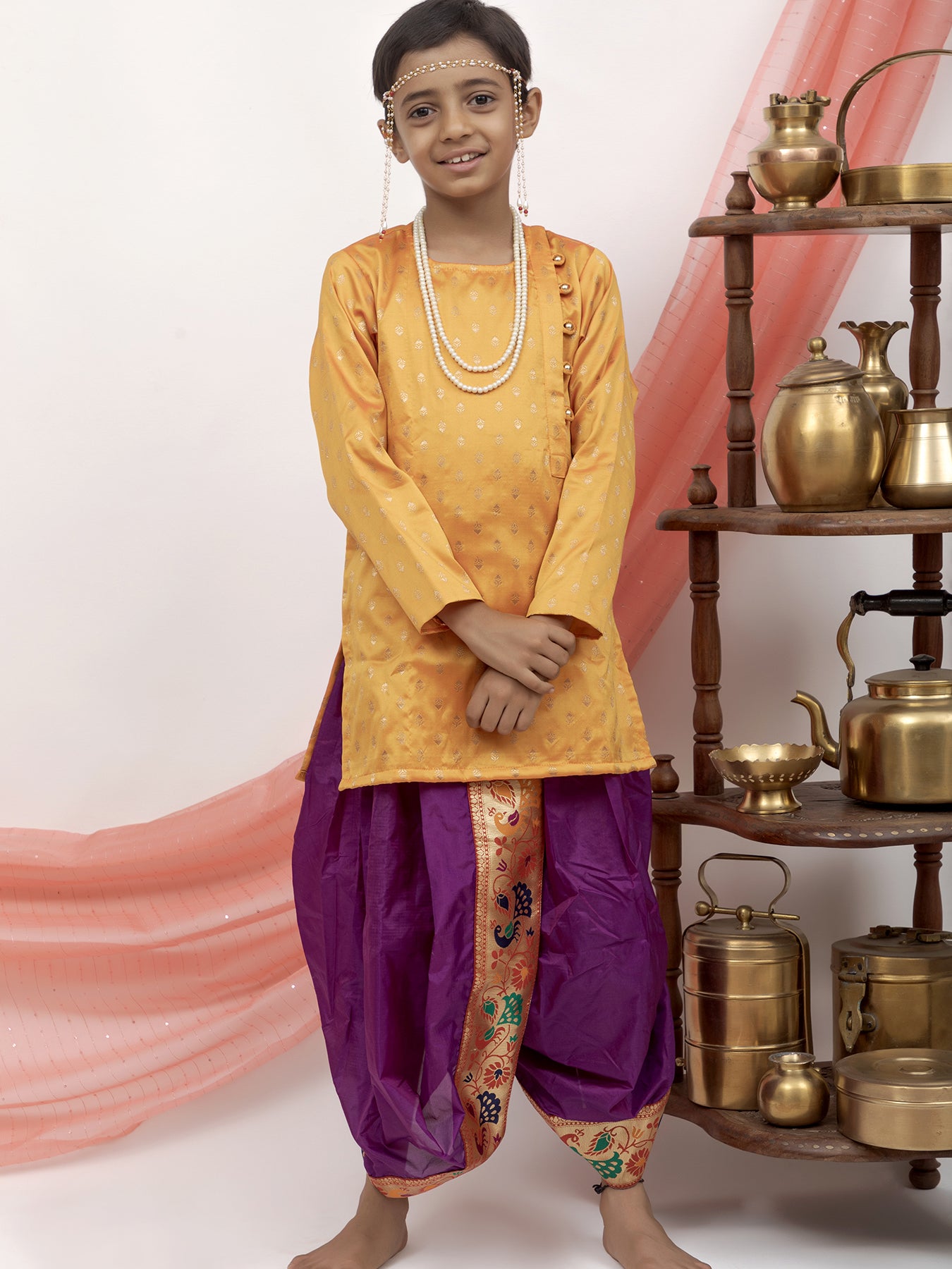 Purple silk Sovale uparane dhoti jari Shawl ethnic traditional dhoti-upavastra pooja dhoti jari gamcha with Paithani jari border for munj thread ceremony vratabandha upanayanam for kids
