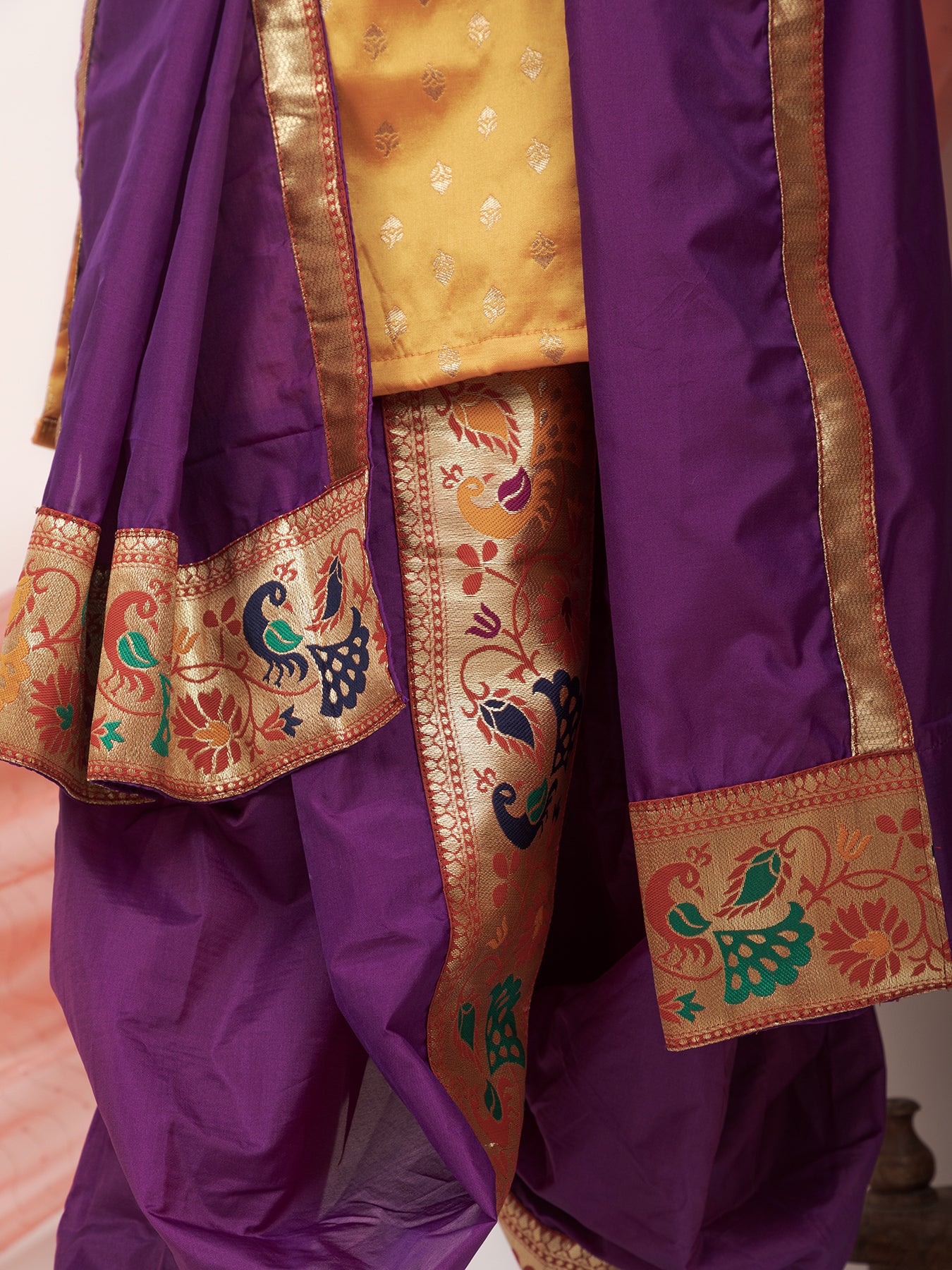 Purple silk Sovale uparane dhoti jari Shawl ethnic traditional dhoti-upavastra pooja dhoti jari gamcha with Paithani jari border for munj thread ceremony vratabandha upanayanam for kids