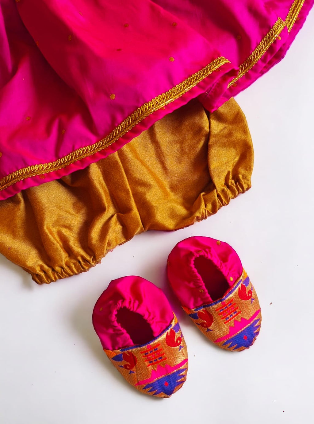 Rani Pink Paithani brocade silk,front open newborn dress for naming ceremony with bonnet, bloomer and booties.It's the perfect outfit for your baby's naming ceremony,naamkaran or annaprashan ceremony.Traditional dress for Noolukettu Ceremony,Pachavi Puja,cradle ceremony,Rice Ceremony,Chatti Puja etc. Apt gifting idea 