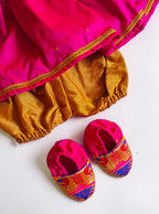 Rani Pink Paithani brocade silk,front open newborn dress for naming ceremony with bonnet, bloomer and booties.It's the perfect outfit for your baby's naming ceremony,naamkaran or annaprashan ceremony.Traditional dress for Noolukettu Ceremony,Pachavi Puja,cradle ceremony,Rice Ceremony,Chatti Puja etc. Apt gifting idea 
