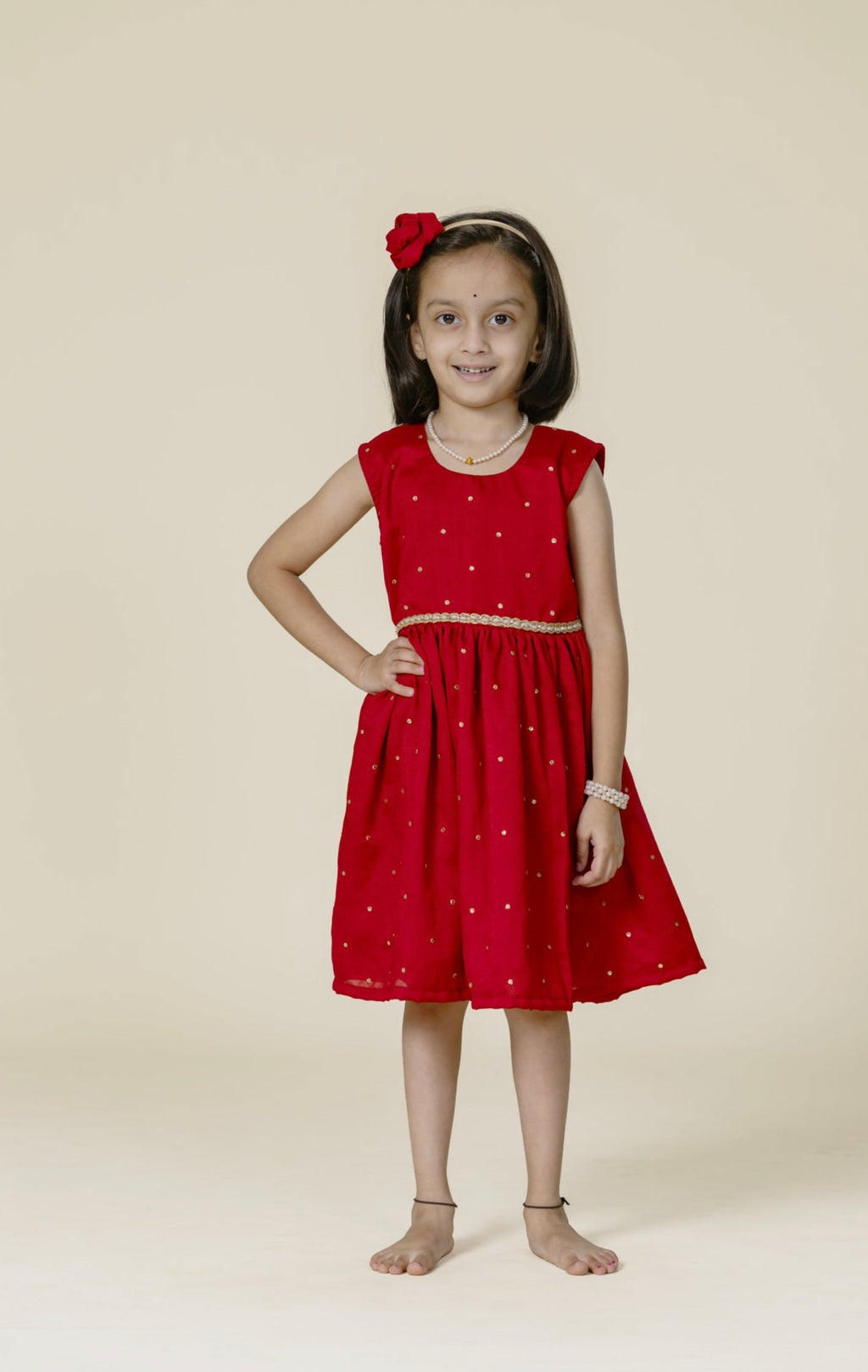 Red Vichitra Silk Sleeveless Frock For Girls