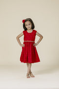 Red Vichitra Silk Sleeveless Frock For Girls