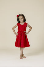 Red Vichitra Silk Sleeveless Frock For Girls