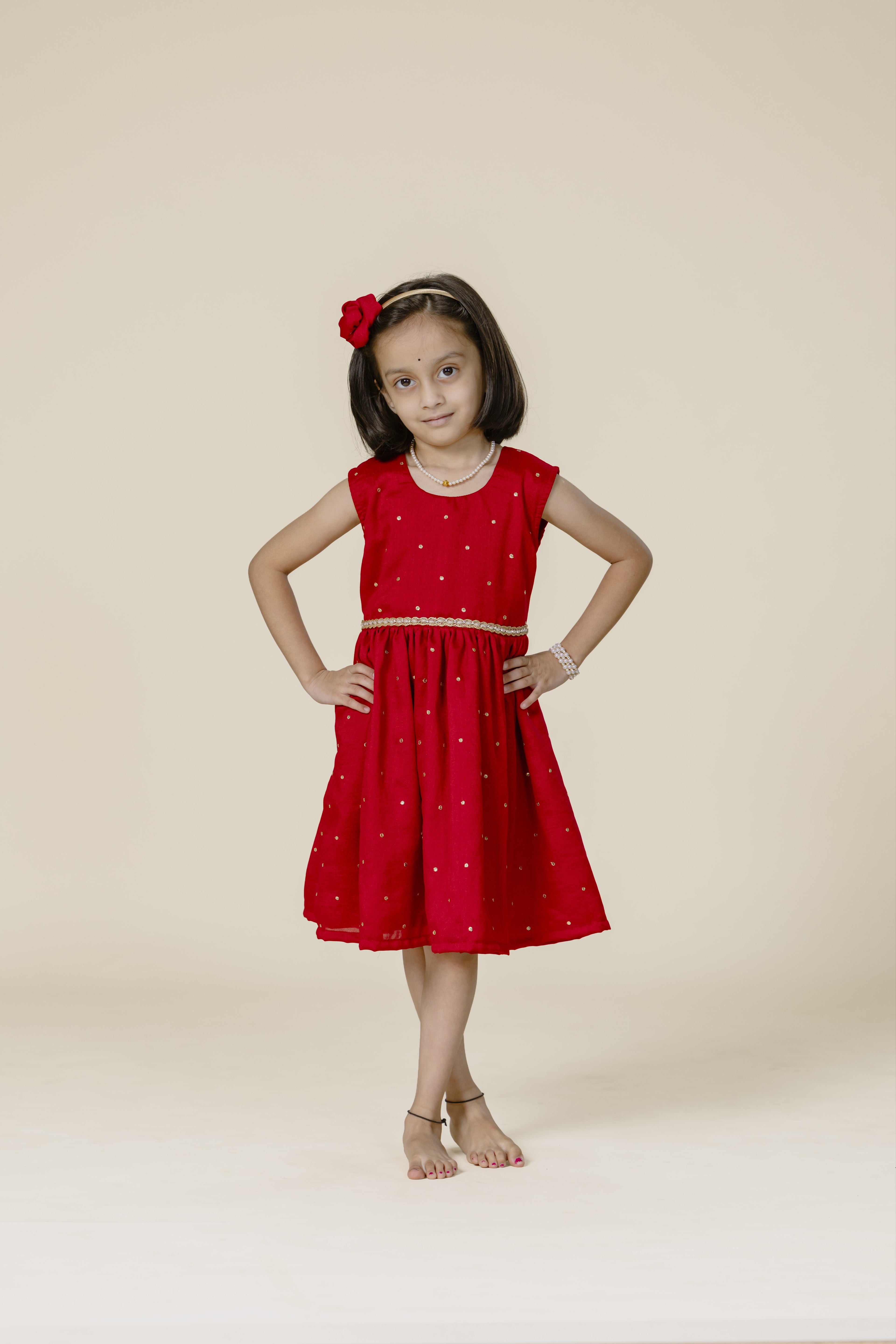 Red Vichitra Silk Sleeveless Frock For Girls