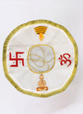 White Dupion Silk Jholi (Zoli) for Batu, beautifully embellished with golden lace and hand-painted 4 scared signs