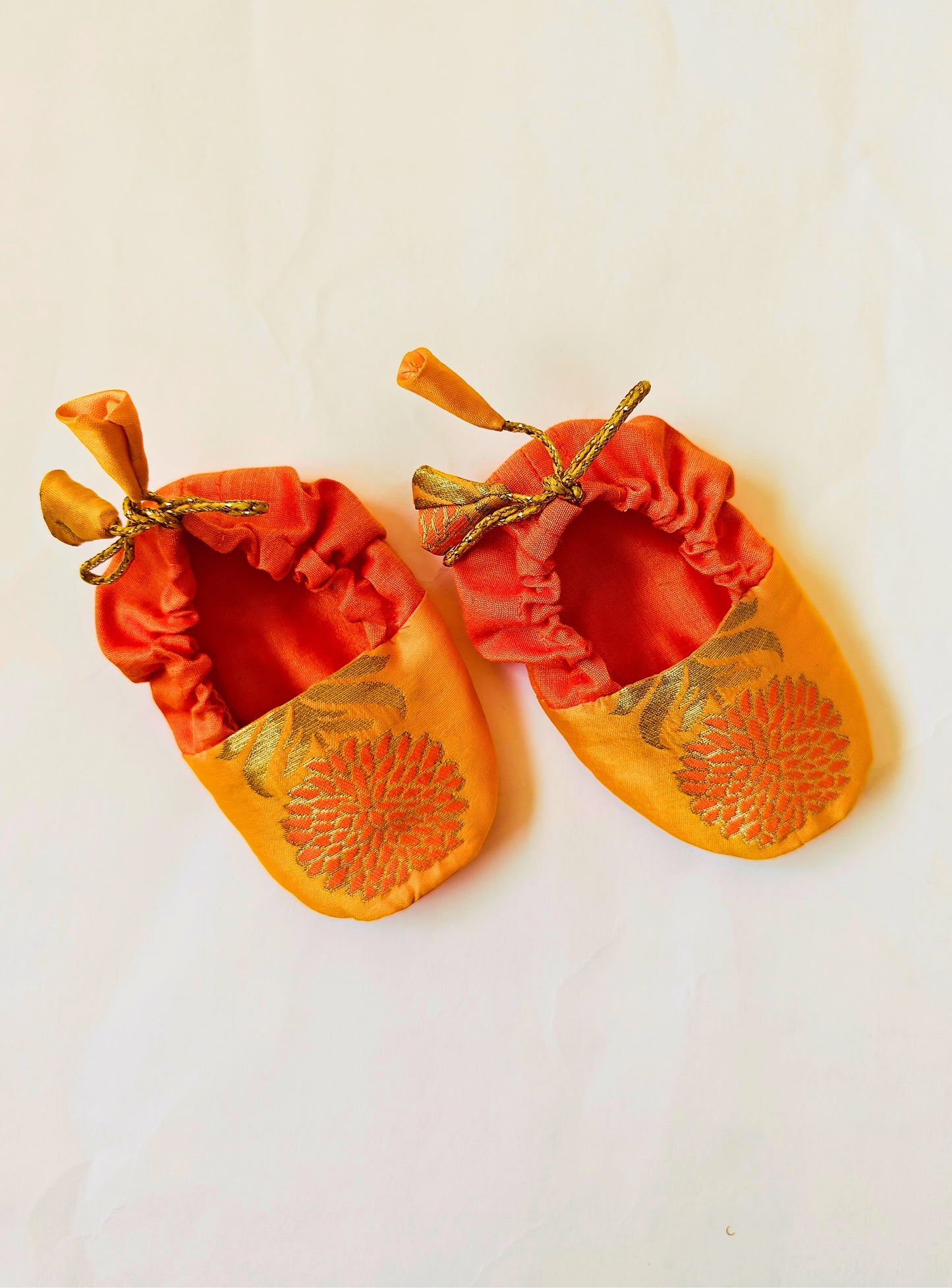 Yellow and Orange Brocade unisex booties for newborn baby