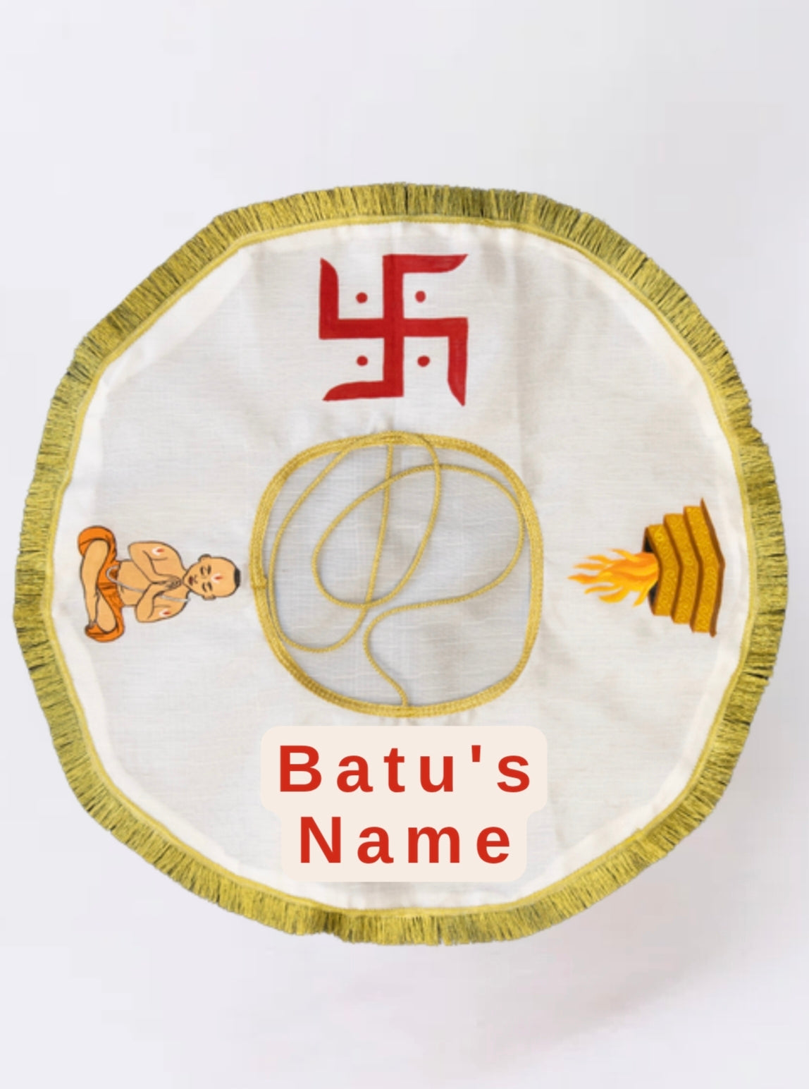 White Dupion Silk Jholi (Zoli) for Batu, beautifully embellished with golden sequined lace and hand-painted personalization featuring the Batu’s name