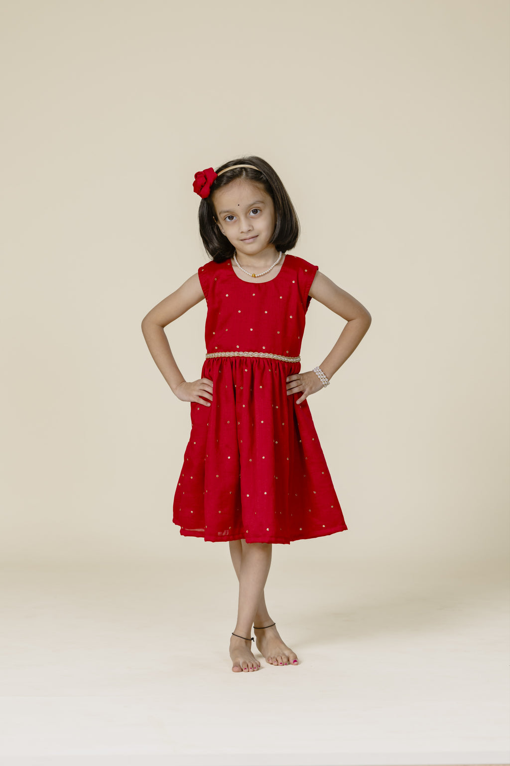 Red Vichitra Silk Sleeveless Frock For Girls