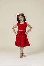 Red Vichitra Silk Sleeveless Frock For Girls