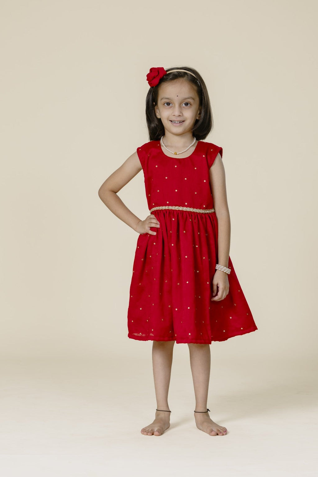 Red Vichitra Silk Sleeveless Frock For Girls