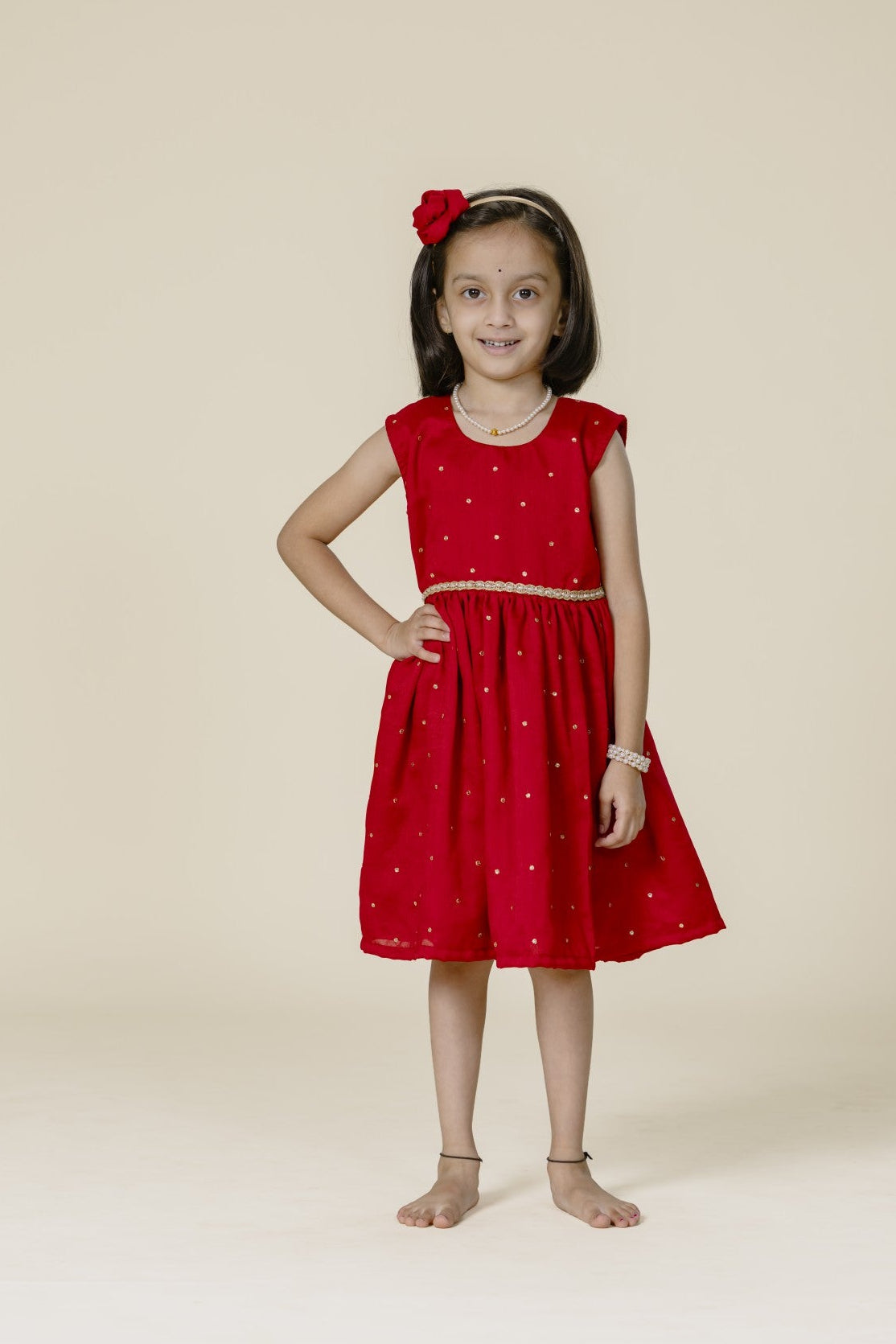 Red Vichitra Silk Sleeveless Frock For Girls