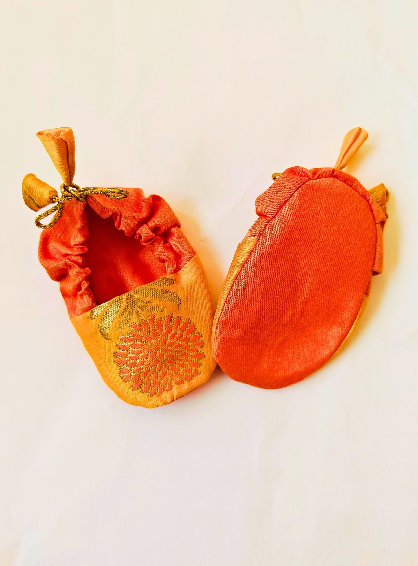 Yellow and Orange Brocade unisex booties for newborn baby