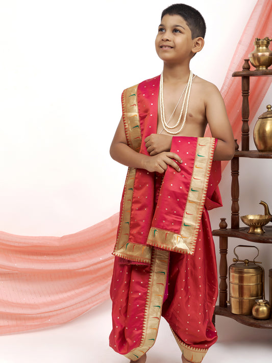 Scarlet red satin silk Dhoti/Soval/Kad & Shawl/Upran/Shela with Paithani jari Border Set for Batu.Pre-stitched sovale uparane set includes Ready to wear Sovale & Uparane/Upavastra.Can be paired with a short kurta.This Set is ideal for rituals like Matrubhojan,Muhurt during Munj/Upanayan/Vratabandha/Thread Ceremony.