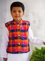 Vibrant Multi coloured Stand Collar Taffeta Silk Jacket.Cotton lining from inside avoid sweating but give warmth.Statement embellished buttons add royal charm to these jackets. Team these with any plain colored kurta or satin shirt for best festive look! 