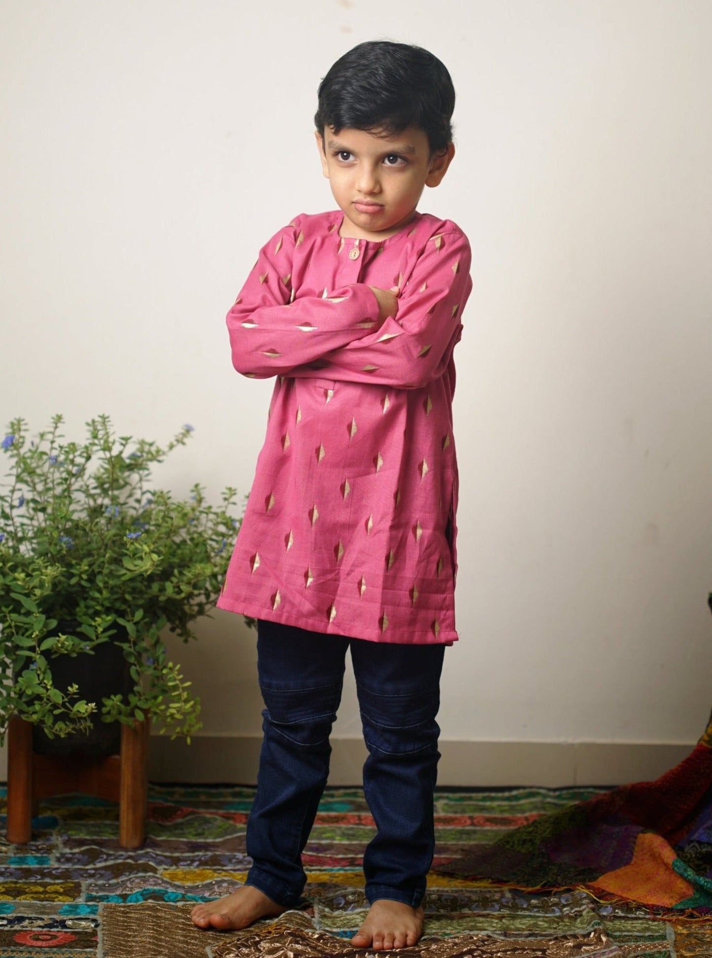 Mulberry pink handloom cotton traditional ethnic brocade printed silk cotton kurta pyjama salwar suit pajama churidar set sherwani jacket for baby boy kids 