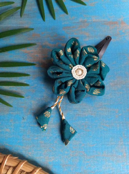 Teal Green Dahlia flower handcrafted hairclip with matching danglers.