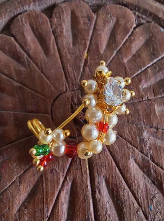 Gold Plated Marathi Mini Nath - White Accessories gifts fancy traditional ethnic trendy handmade accessories handcrafted matching assorted mix n match pearl multicolour metal golden nath nose pin nathani Marathi gold plated Maharashtrian accessory 
