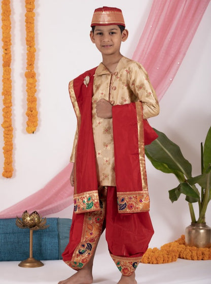 red silk Sovale uparane dhoti jari Shawl ethnic traditional dhoti-upavastra pooja dhoti jari gamcha with Paithani jari border for munj thread ceremony vratabandha upanayanam for kids