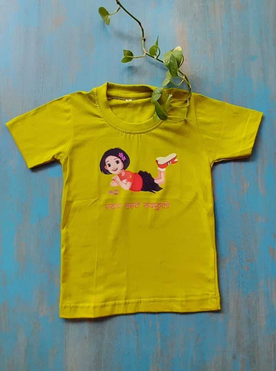 Sadafuli - Parrot green pure cotton round neck t-shirt with a cheerful print and Marathi poetic quote for Girl Soyara Ethnics Studio