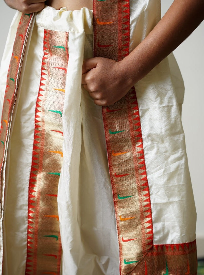 Ivory Mysore Silk Dhoti/Soval/Kad & Shawl/Upran/Shela with Paithani jari Border Set for Batu.Pre-stitched sovale uparane set includes Ready to wear Sovale & Uparane/Upavastra.Can be paired with a short kurta.This Set is ideal for rituals like Matrubhojan,Muhurt during Munj/Upanayan/Vratabandha/Thread Ceremony.